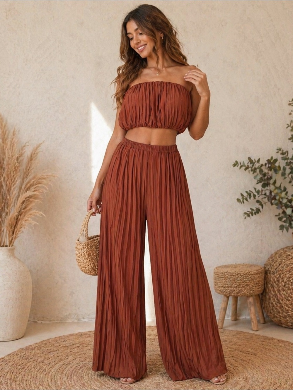 Brown Off-Shoulder two pieces pant set